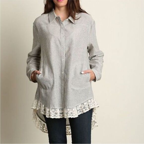 Umgee Cotton Blend Beige White Stripe Lace Trim Button Front Shirt XL - Picture 2 of 15